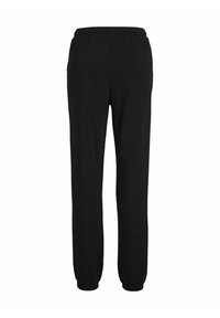 Black sweatpants made of soft fabric, featuring an elastic waistband and elastic cuffs at the ankles. Plain design with no visible logos.