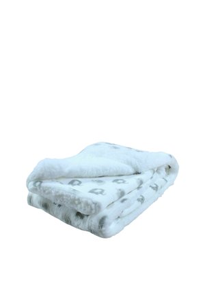 Coperta in pile bianca morbida piegata, con un motivo grigio sottile e una texture soffice e pelosa su un lato.