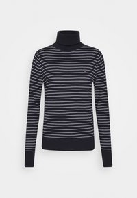 Pull col roulé bleu marine avec rayures horizontales blanches, poignets et ourlet côtelés. Petit logo sur le côté supérieur gauche de la poitrine. Tissu maille doux.