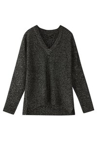 Czarny i szary sweter dziany z dekoltem w serek, długimi rękawami i luźnym krojem z teksturowanym wzorem na całej powierzchni.