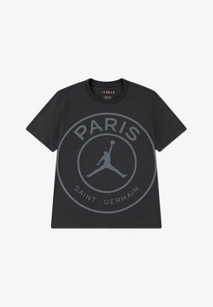 T-shirt en coton noir avec un grand logo circulaire gris comportant "PARIS" et "SAINT-GERMAIN", et une silhouette de Jordan au centre.