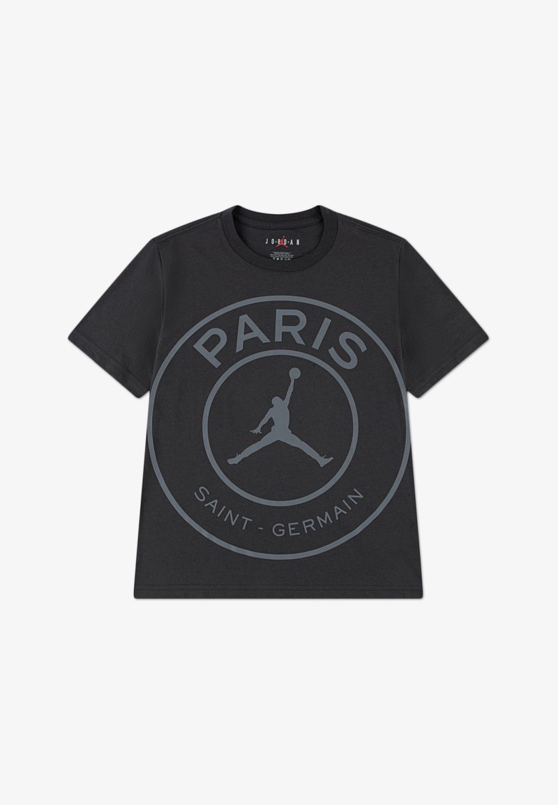 T-shirt en coton noir avec un grand logo circulaire gris comportant "PARIS" et "SAINT-GERMAIN", et une silhouette de Jordan au centre.