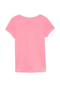 Rosa Kurzarm-T-Shirt mit Rundhalsausschnitt. Hergestellt aus weicher Baumwolle, mit einer glatten Textur und einem schlichten Design ohne Verzierungen.