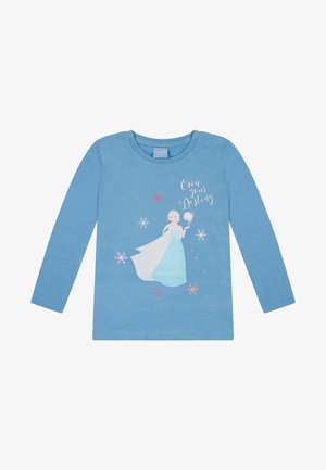 Niebieska koszula z długim rękawem z ilustracją postaci, śnieżynkami i białym napisem „Own your Destiny” pisanym kursywą. Materiał bawełniany.