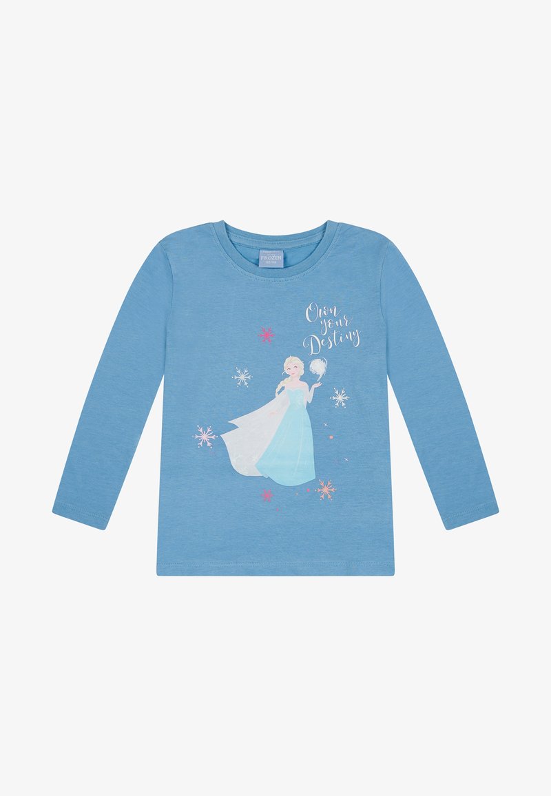 Blauw shirt met lange mouwen met een illustratie van een personage, sneeuwvlokken en de tekst "Own your Destiny" in witte cursieve letters. Gemaakt van katoen.