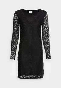 Robe en dentelle noire avec manches longues, décolleté en V et motifs floraux élaborés. L'ourlet présente un bord festonné pour plus de détails.