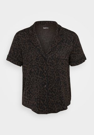 Schwarzes kurzärmeliges Hemd mit Leopardenmuster, einer Brusttasche und durchgehender Knopfleiste. Weicher Stoff mit lockerer Passform.