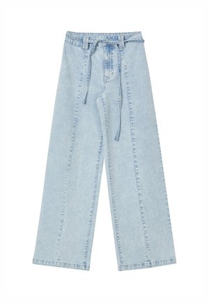 Pantaloni a gamba larga in denim azzurro chiaro con vita alta, dotati di cordoncino e taglio dritto, texture liscia con leggera scoloritura.