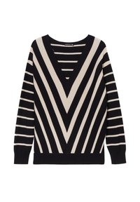 Schwarz-beige gestreifter Pullover mit V-Ausschnitt, der abwechselnd breite und schmale Streifen aufweist und ein Zickzackmuster bildet.