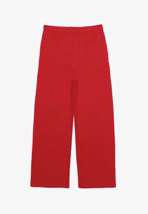 Rode wijde broek met elastische tailleband, gemaakt van zachte stof, plat weergegeven tegen een witte achtergrond.