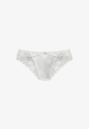 White lace underwear with floral pattern, scalloped edges, and a small bow detail at the center front. Sheer, delicate fabric.