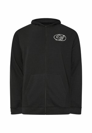 Sweat à capuche noir avec fermeture éclair intégrale, poches avant et logo blanc stylisé "B" sur la poitrine gauche, doté d'une capuche et de poignets côtelés.