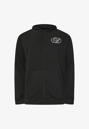 Sweat à capuche noir avec fermeture éclair intégrale, poches avant et logo blanc stylisé "B" sur la poitrine gauche, doté d'une capuche et de poignets côtelés.