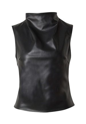Schwarzes ärmelloses Top aus glattem Kunstleder. Verfügt über einen hohen Kragen und eine lockere Passform mit dezentem Glanz und minimalen Nähdetails.