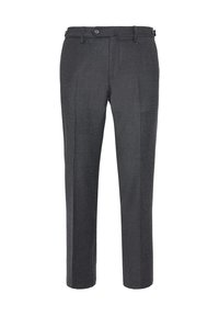 Grå ullbyxor med skräddarsydd design, med knappstängning, framfald och rak ben. Slät textur med subtilt mönster.