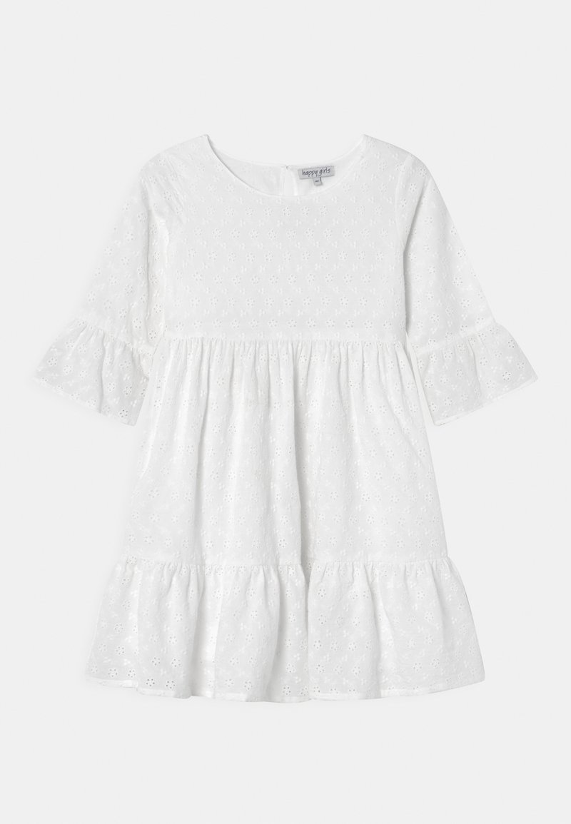 Abito bianco in cotone con scollatura rotonda, maniche a tre quarti con polsini svasati, gonna a balze e motivi floreali a occhio di pernice.