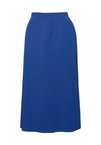 Middellange, blauwe jersey rok met een elastische tailleband. Gladde textuur, rechte vorm en geen zichtbare patronen of accenten.