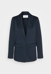 Blazer marine en tissu doux, doté d'un revers cranté, d'une fermeture à un bouton et de deux poches avant. Texture lisse avec une coupe ajustée.