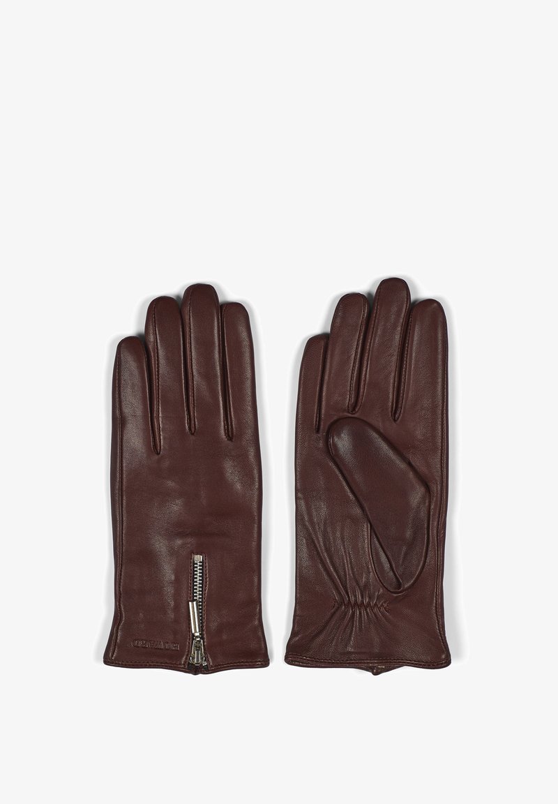 Brune læderhandsker med en glat tekstur, fem-finger design og en lynlåsdetalje ved håndleddet med samlet stofdetalje.