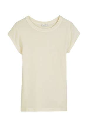 T-shirt léger beige à manches courtes en tissu doux, avec un col rond et une coupe décontractée sans ornements ni motifs.