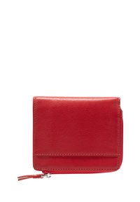 Cartera de cuero roja con forma rectangular, textura suave, cierre con cremallera y costuras visibles. Presenta un tirador en la cremallera.