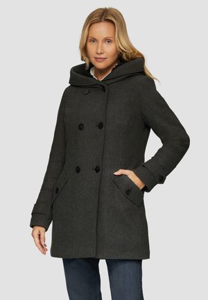 Manteau peacoat en mélange de laine gris avec une grande capuche, design à double boutonnage, boutons noirs et poches latérales. Texture lisse et coupe ajustée.
