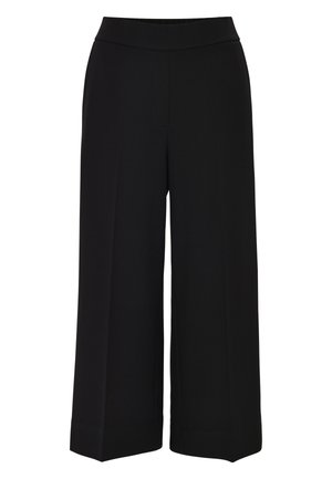 Black wide-leg trousers with a smooth fabric, flat waistband, and creased front detailing. Loose fit with a straight cut from hips to hem.