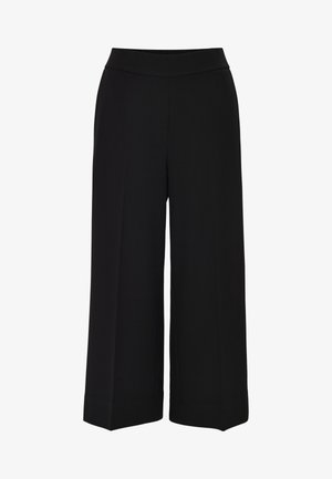 Black wide-leg trousers with a smooth fabric, flat waistband, and creased front detailing. Loose fit with a straight cut from hips to hem.