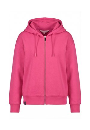 Bright pink zip-up hoodie with drawstrings, ribbed cuffs and hem, displayed on a plain white background.
