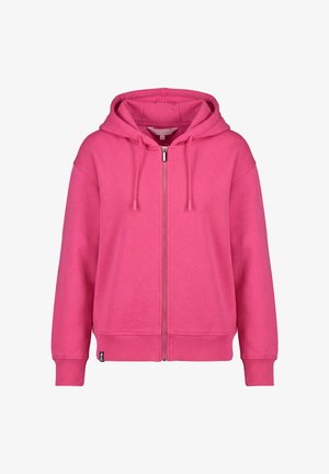 Bright pink zip-up hoodie with drawstrings, ribbed cuffs and hem, displayed on a plain white background.