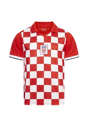 Rot-weiß kariertes Fußballtrikot mit kurzen Ärmeln, Kragen und einem Wappen mit einem rot-weiß karierten Schild mit Krone.