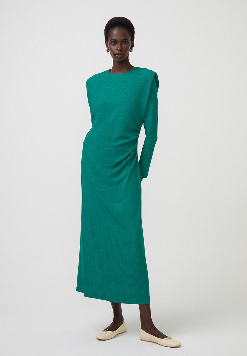 green shoulder pad dress Miss H. Vintage Dress Green Linen Blend Women's Dress Military Uniform Style Secretary Shirt Dress Button up Shoulder Pads Belted