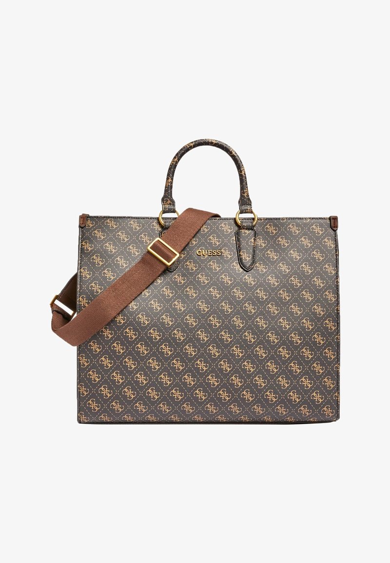 Sac à main rectangulaire marron Guess avec imprimé logo motif, double poignées et bandoulière marron réglable avec boucle dorée.