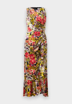 Robe midi florale avec un design enveloppant, mettant en avant des couleurs vives comme le rouge, le violet et le vert, en tissu doux et avec une finition à volants.