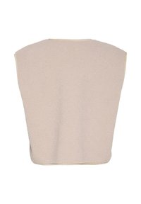 Veste sans manches en laine beige avec une coupe simple et carrée et un col arrondi, vue de dos sur fond blanc.