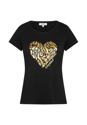 Camiseta negra de manga corta con un diseño de corazón metálico dorado y la palabra "amour" en el frente.