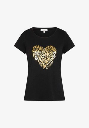 T-shirt nera a maniche corte con un design a cuore metallico dorato e la parola "amour" sul davanti.