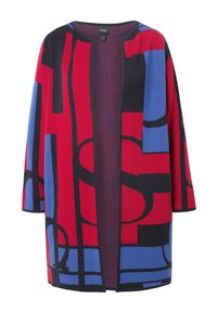 Gilet en tricot présentant des motifs audacieux en rouge, bleu et noir. Design à ouverture sur le devant avec des manches trois-quarts et un col rond.