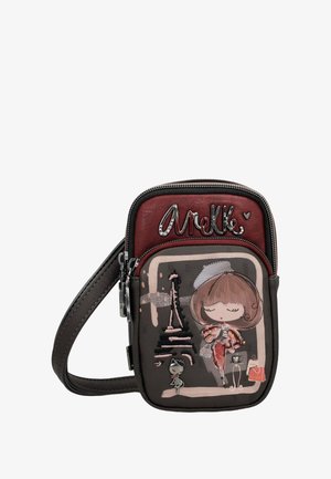 Bruine en bordeaux crossbody tas met rits, met een cartoonontwerp van een meisje, de Eiffeltoren en een kat. Gegarandeerde leren afwerking.