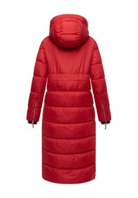 Red puffy coat with a hood, featuring vertical quilted sections, long sleeves, and zippered cuffs, showcasing a smoothly textured exterior.