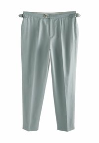 Hellblaue Hose mit glatter Textur, ausgestattet mit einem Knopfverschluss und verstellbaren Seitenträgern. Maßgeschneiderter, leicht taillierter Schnitt.