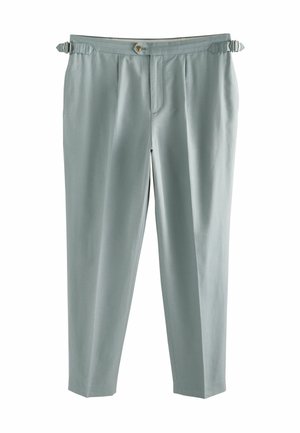 Hellblaue Hose mit glatter Textur, ausgestattet mit einem Knopfverschluss und verstellbaren Seitenträgern. Maßgeschneiderter, leicht taillierter Schnitt.