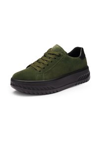 Green suede sneakers with black leather accents, round toe, flat laces, and a thick, textured black rubber sole featuring a geometric pattern.