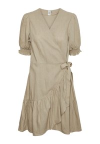 Beiges Wickelkleid aus strukturiertem Stoff, mit Puffärmeln und einem Rüschensaum, in der Taille mit einem Stoffgürtel gebunden.