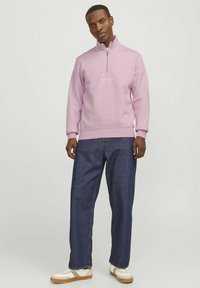Light pink sweatshirt with a high collar, half-zip design, and front logo, paired with dark blue wide-leg jeans and white sneakers.