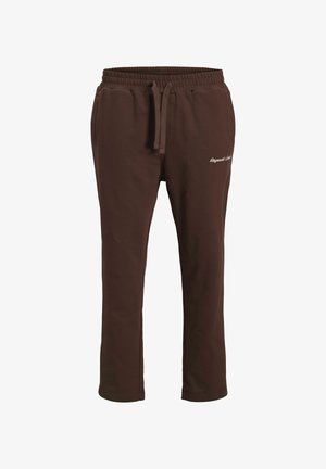 Brown sweatpants with an elastic waistband and adjustable drawstring. Features side pockets and white embroidered text on the leg.