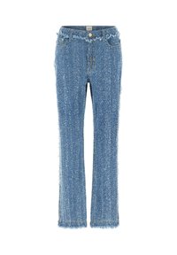 Jeans blu sfilacciati con tessuto strutturato, design a cinque tasche e orlo grezzo. Presentano una chiusura con bottone e sottili dettagli di cucitura.