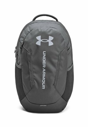 Gray backpack with a sleek design, featuring a large front pocket, mesh side pockets, and a prominent logo in silver. Made of durable material.