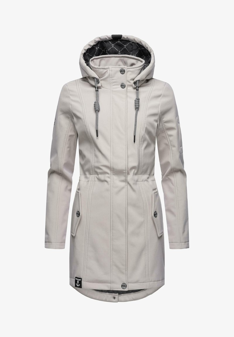 Light gray outdoor jacket with a hood, featuring zipper and button closures, side pockets, and a patterned inner lining.
