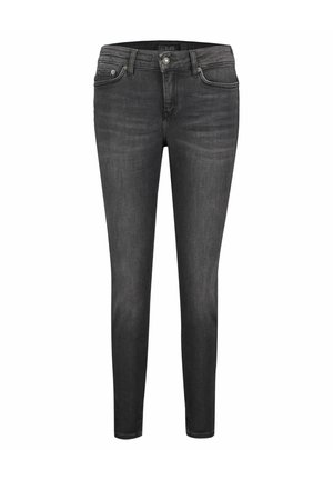 Czarne slim-fit jeansy z denimu z przednim guzikiem i zamkiem błyskawicznym, wzór z pięcioma kieszeniami i subtelnymi wyblakłymi szczegółami na udach i kolanach.
